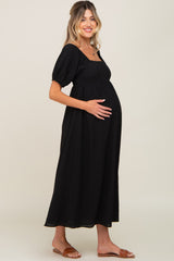 Black Textured Gingham Square Neck Maternity Maxi Dress