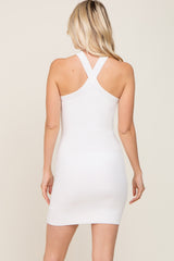 Ivory Ribbed Knit Halter Neck Fitted Dress