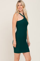 Forest Green Ribbed Knit Halter Neck Fitted Dress