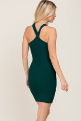 Forest Green Ribbed Knit Halter Neck Fitted Dress