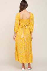 Yellow Floral Smocked Tie Back Maternity Midi Dress