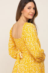 Yellow Floral Smocked Tie Back Maternity Midi Dress