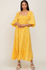 Yellow Floral Smocked Tie Back Midi Dress