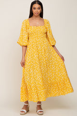 Yellow Floral Smocked Tie Back Midi Dress