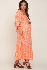 Coral Floral Smocked Tie Back Maternity Midi Dress