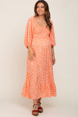 Coral Floral Smocked Tie Back Maternity Midi Dress