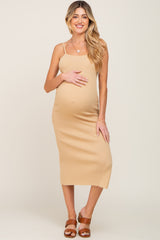 Beige Ribbed Knit Side Slit Maternity Midi Dress