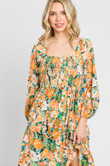 Green Multi-Color Floral Smocked Hi-Lo Dress