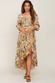 Green Multi-Color Floral Smocked Maternity Hi-Lo Dress