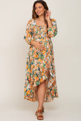 Green Multi-Color Floral Smocked Maternity Hi-Lo Dress