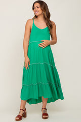 Green Scalloped Neck Tiered Maternity Maxi Dress