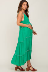 Green Scalloped Neck Tiered Maternity Maxi Dress