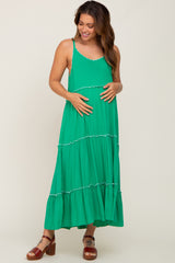 Green Scalloped Neck Tiered Maternity Maxi Dress