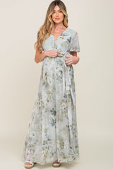 Light Olive Floral Chiffon Wrap Front Short Sleeve Maternity Maxi Dress