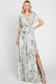 Light Olive Floral Chiffon Wrap Front Short Sleeve Maxi Dress