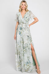 Light Olive Floral Chiffon Wrap Front Short Sleeve Maternity Maxi Dress