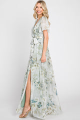 Light Olive Floral Chiffon Wrap Front Short Sleeve Maxi Dress