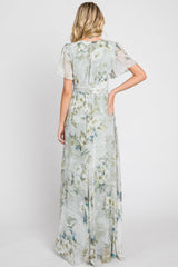 Light Olive Floral Chiffon Wrap Front Short Sleeve Maxi Dress