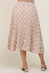 Beige Printed Pleated Midi Skirt