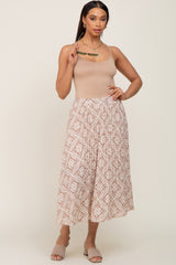 Beige Printed Pleated Midi Skirt