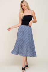 Blue Printed Pleated Midi Skirt