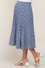 Blue Printed Pleated Maternity Midi Skirt