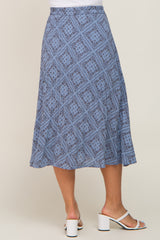 Blue Printed Pleated Maternity Midi Skirt