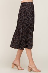 Black Printed Pleated Midi Skirt