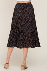 Black Printed Pleated Midi Skirt