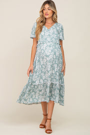 Mint Green Floral V-Neck Maternity Midi Dress