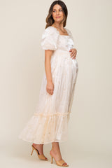 Cream Floral Embroidered Puff Sleeve Maternity Maxi Dress