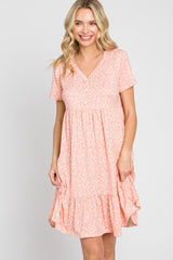 Peach Floral Front Button Accent Short Sleeve Dress