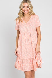 Peach Floral Front Button Accent Short Sleeve Dress