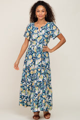 Navy Floral Print Smocked Maxi Dress