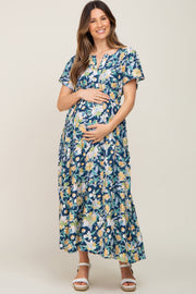 Navy Floral Print Smocked Maternity Maxi Dress