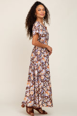 Brown Floral Print Smocked Maxi Dress