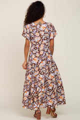 Brown Floral Print Smocked Maxi Dress