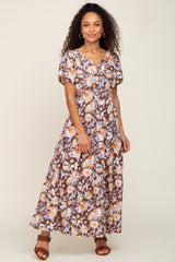 Brown Floral Print Smocked Maxi Dress