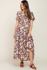 Brown Floral Print Smocked Maternity Maxi Dress