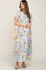 Ivory Leaf Print Smocked Maternity Maxi Dress