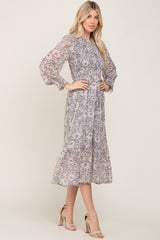 Grey Floral Smocked Long Sleeve Maxi Dress