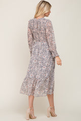 Grey Floral Smocked Long Sleeve Maxi Dress