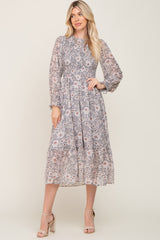 Grey Floral Smocked Long Sleeve Maxi Dress