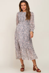 Grey Floral Smocked Long Sleeve Maternity Maxi Dress