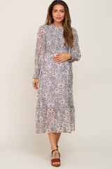 Grey Floral Smocked Long Sleeve Maternity Maxi Dress