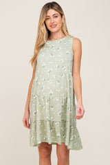 Sage Floral Sleeveless Tiered Maternity Dress