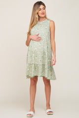 Sage Floral Sleeveless Tiered Maternity Dress