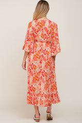 Orange Floral Front Tie Ruffle Hi-Low Maternity Midi Dress