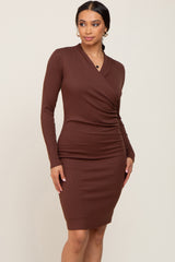 Brown Ribbed Ruched Wrap Maternity Dress