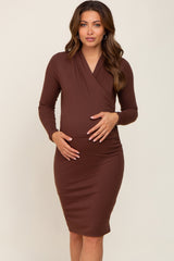 Brown Ribbed Ruched Wrap Maternity Dress